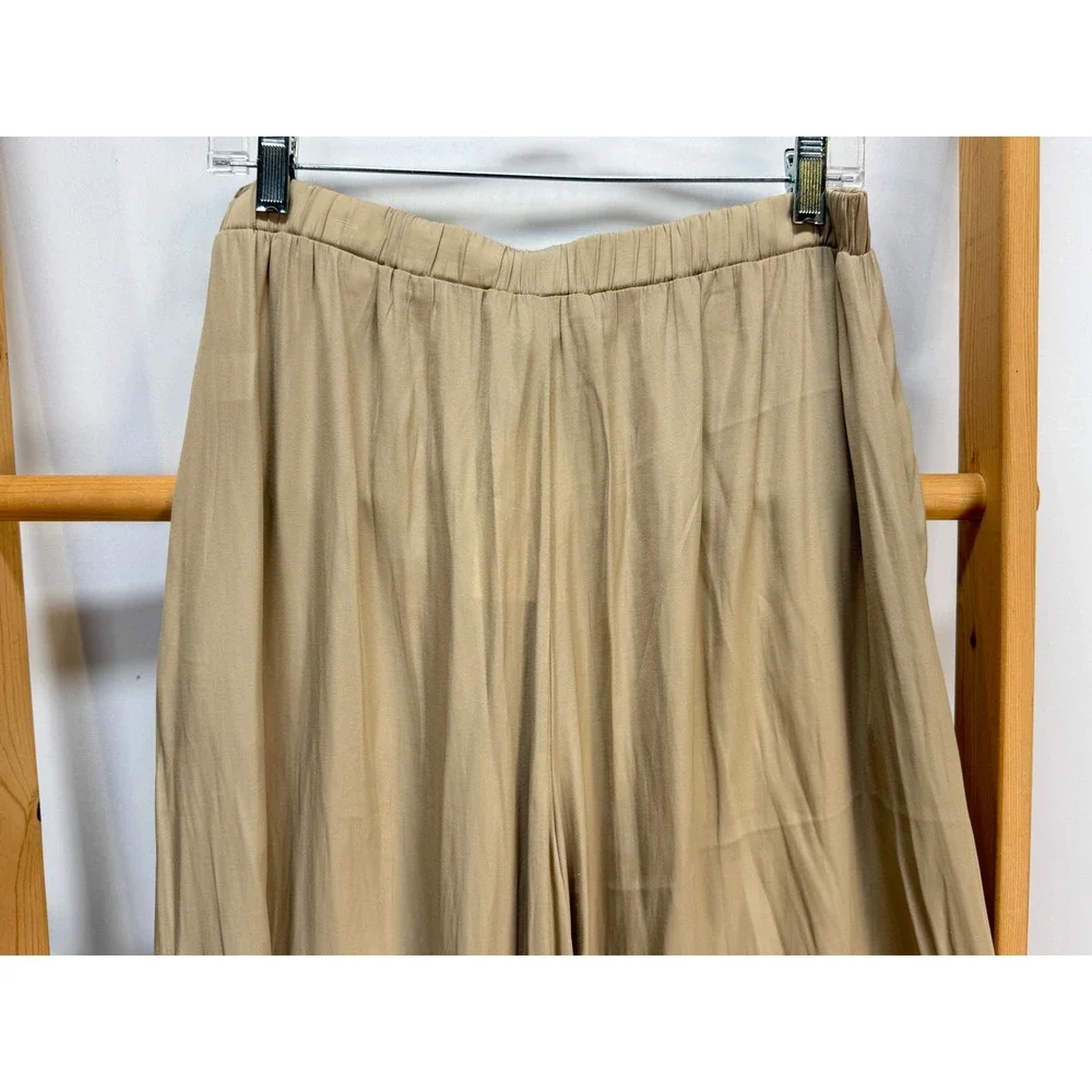 Grade&Gather Tan Wide Leg Flowy Pants Elastic Waist Khaki Palazzo Trousers M